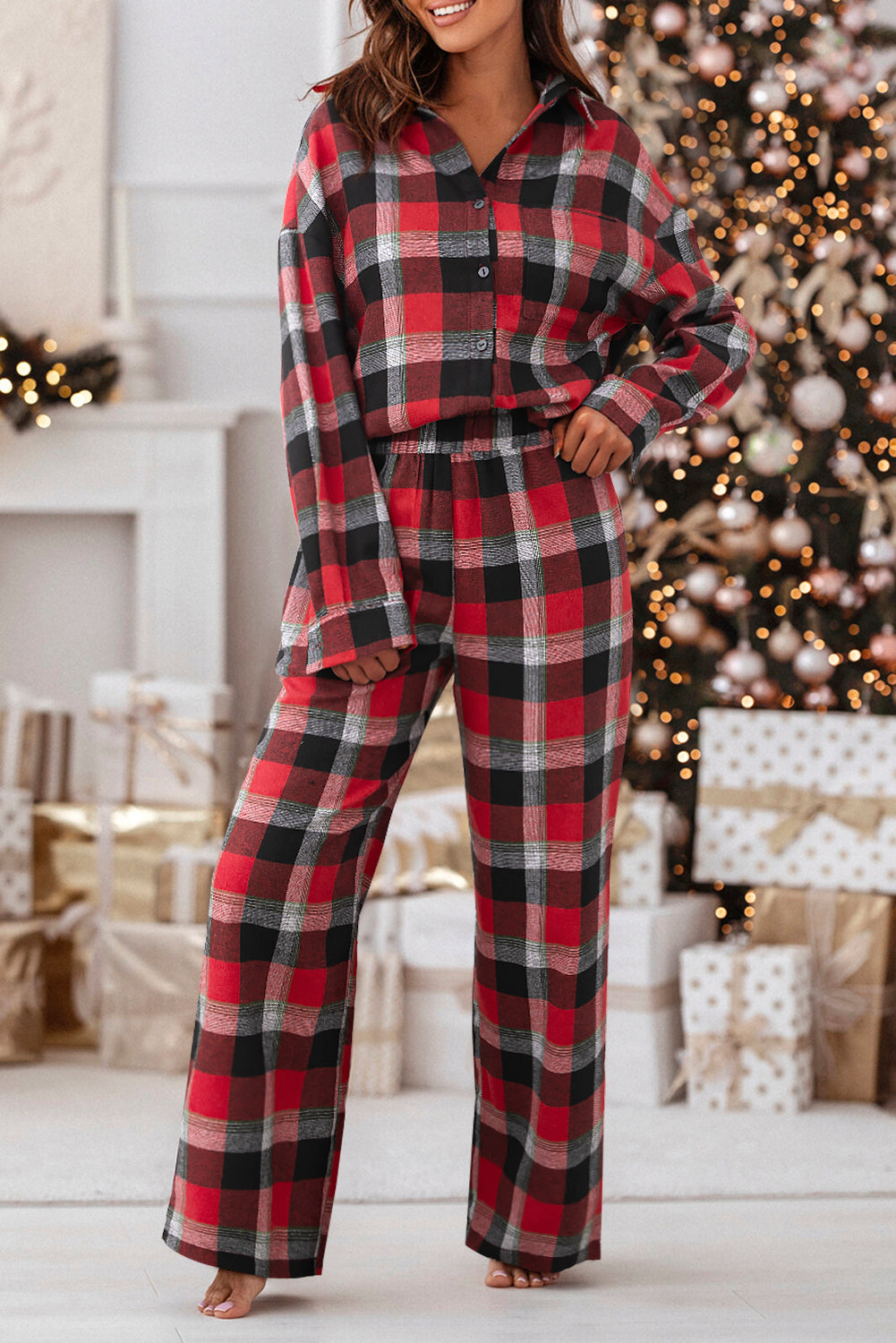 Red Christmas Checkered Pattern Loose Shirt and Pants Pajama Set