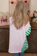 Blue Stripe Patchwork Slits Baggy T Shirt