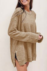 Khaki Plain Waffle Knit Drop Sleeve Side Slits Oversized Top