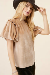 Light Beige Ruched Lantern Sleeve Elegant Blouse