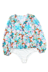 Light Blue Floral Print Boho Wrap V Neck Puff Sleeve Bodysuit