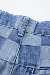 Dusk Blue Checkered Light Washed Wide Leg Jeans