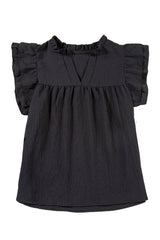 Black Basic Textured V Neck Tiered Ruffle Sleeve Blouse