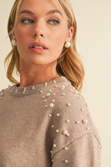 Smoke Gray Pearl Drop Shoulder Round Neck Sweater