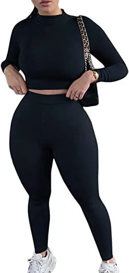 2 Piece Outfits Sexy Bodycon Long Sleeve Crop Top with Long Pants T...