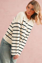 Black Stripe Flap Pocket Button Up Cardigan