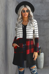 Fiery Red Plaid Colorblock Striped Cardigan