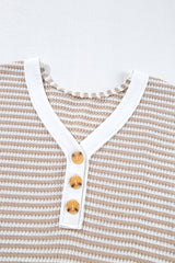 Khaki Striped Button Front V Neck Knitted Top