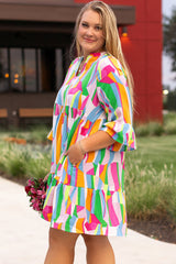 Multicolour Plus Size Vibrant Abstract Print Tiered Ruffle Mini Dress