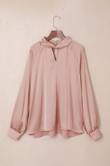 Pink Elegant Keyhole Long Sleeve Satin Blouse