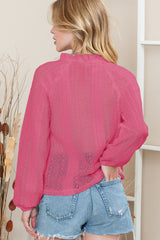 Rose Notch Neck Button Down Raglan Sleeve Lace Top