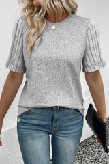 Gray Ribbed Splicing Short Sleeve Round Neck T-shirt