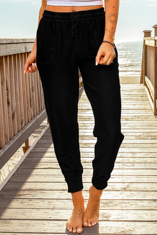 Black Elastic Waist Jogger Pants with Pockets