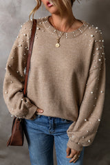 Smoke Gray Pearl Drop Shoulder Round Neck Sweater