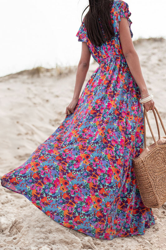 Blue Boho Floral Print V Neck Wrap Split Maxi Dress