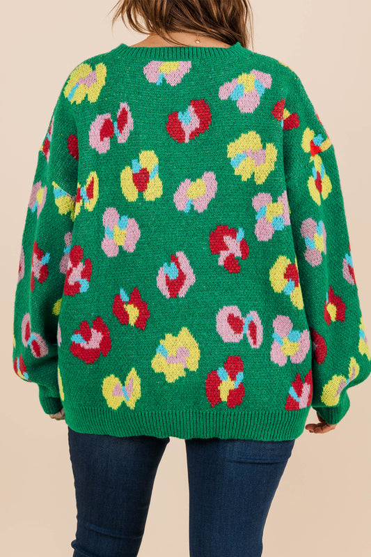 Green Plus Size Floral Knitted Drop Shoulder Sweater