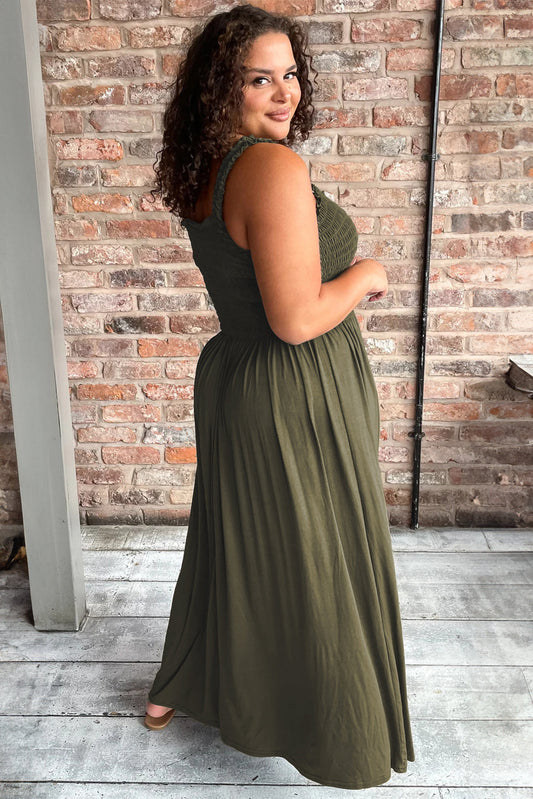 Jungle Green Shirred Bust Sleeveless Plus Size Maxi Dress