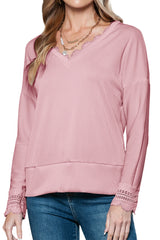 Pink Ribbed Texture Lace Trim V Neck Long Sleeve Top