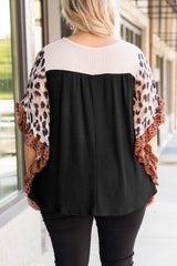 Black Rib Knit Animal Print Ruffle Sleeves Plus Size Top