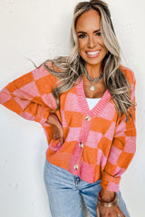 Orange Checkered Buttoned V Neck Drop Shoulder Cardigan