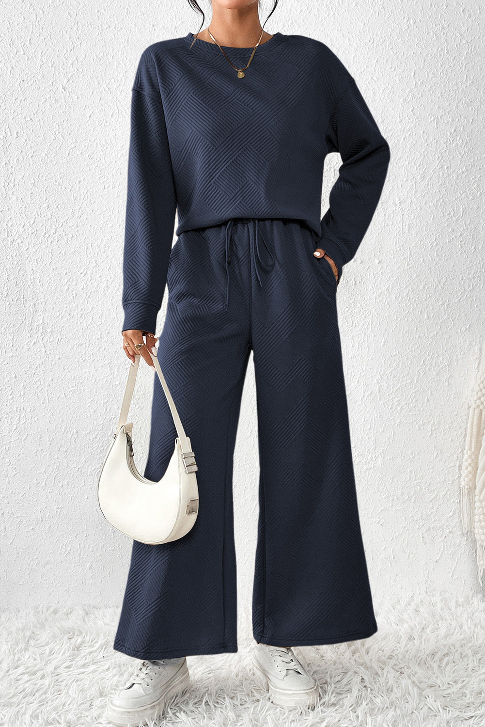 Navy Blue Textured Loose Slouchy Long Sleeve Top and Pants Set