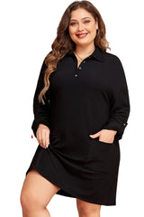 Black Ribbed Knit Buttoned Collared Roll Tab Sleeve Plus Size Mini Dress