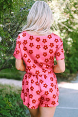 Rose Floral Print Crop Tee and Slits Shorts Pajama Set