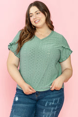 Laurel Green Petal Sleeve Jacquard V Neck Plus Size Blouse