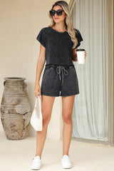 Black Acid Washed T Shirt & Drawstring Shorts Loungewear Set