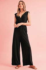 Black Deep V Pocketed Pleated Wide Leg Jumpsuit