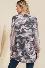 Celeste Full Size Camo Print High-Low T-Shirt with Stripe Sleeves