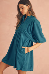 Light Blue Snap Button Empire Waist Lantern Sleeve Corduroy Dress