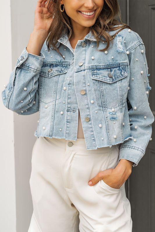 Sky Blue Pearls Beading Cropped Denim Jacket