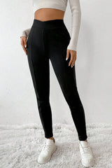 Black Crossed Waist Seamed Leg Thermal Leggings