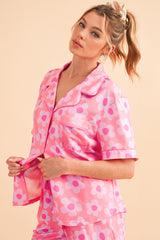 Pink 60s Flower Print Buttoned Shirt and Drawstring Waist Pajama Set