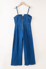 Blue Spaghetti Straps Notch V Denim Jumpsuit