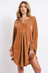 Chestnut Split Neck Velvet Tunic Dress