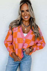 Orange Checkered Buttoned V Neck Drop Shoulder Cardigan