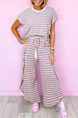 Black Stripe Rainbow Tee and Tassel Drawstring Wide Leg Pants Set