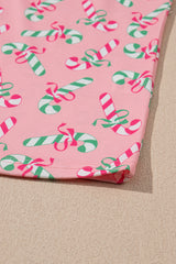 Pink Christmas Candy Cane Print Knotted Pajama Set