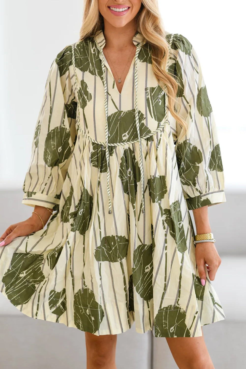 Guacamole Green Abstract Print Striped V-Neck Mini Dress