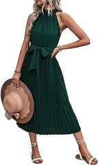 Women's 2023 Summer Sleeveless Halter Neck Pleated Midi Cocktail Dress