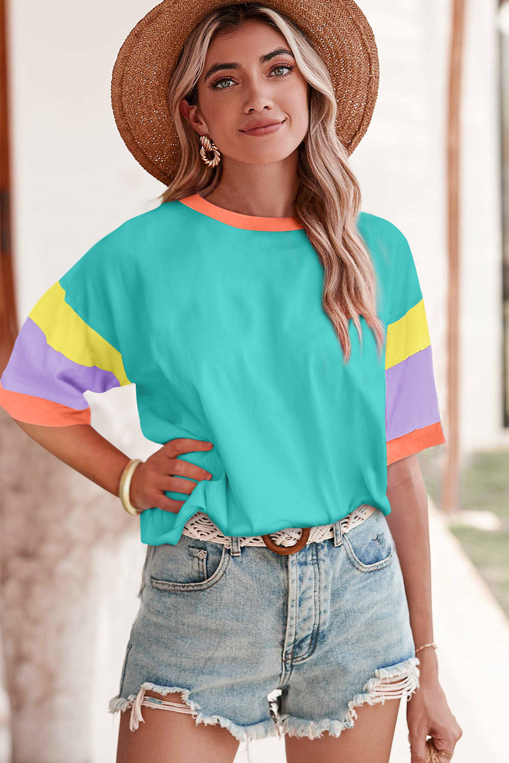 Light Blue Color Block Sleeve Round Neck Oversize Top