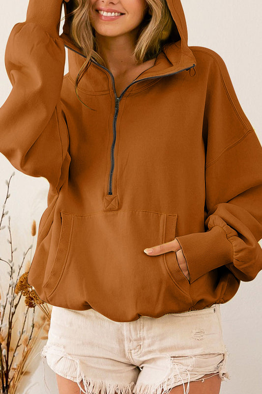 Brown Half Zip Pullover Hoodie with Kangaroo Pocket