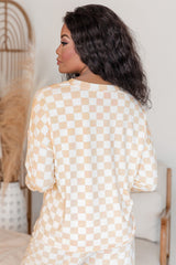 Beige Checkered Print Long Sleeve Loose Fit Pajama Set