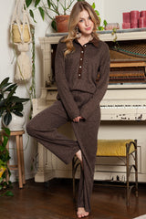 Black Ribbed Henley Shirt and Wide Leg Pants Loungewear Set