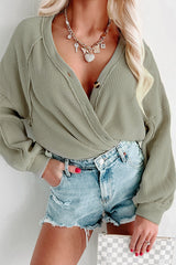 Green Exposed Seam Button Front Waffle Knit Cardigan