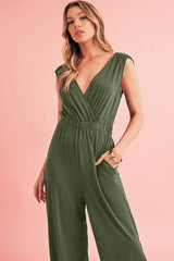 Black Deep V Pocketed Pleated Wide Leg Jumpsuit