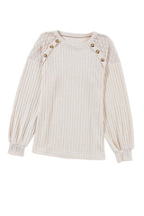 Parchment Contrast Lace Raglan Sleeve Buttoned Ribbed Top