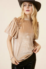 Light Beige Ruched Lantern Sleeve Elegant Blouse